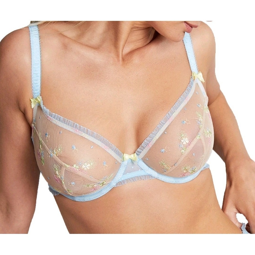New Cleo by Panache Astrid Plunge Bra 38J US Blue Pastel Floral Mesh 10936